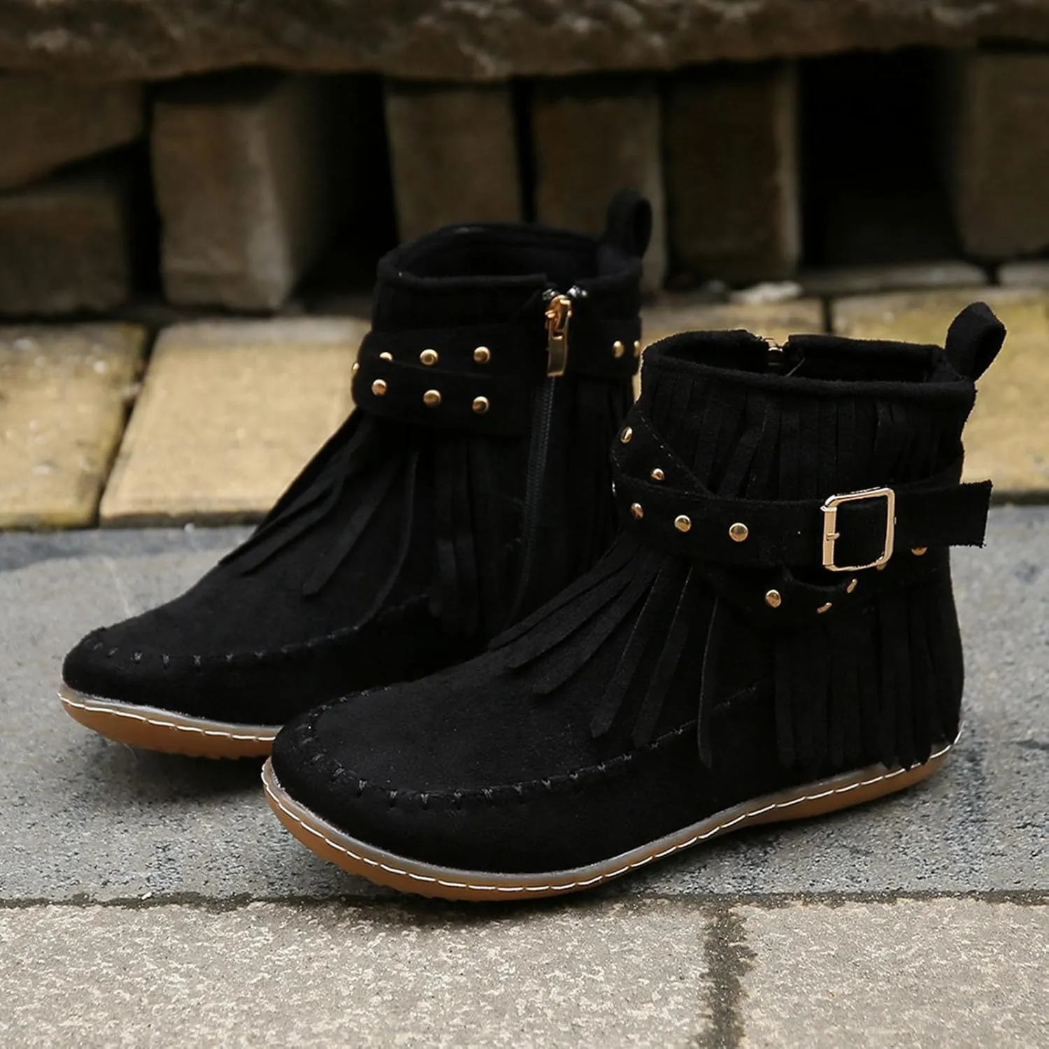 Womens Moccasins Fringe Ankle Boots Retro Tassel Fall Boots Fashion Suede Dress Boots Western Flat Heel Cowboy Boots