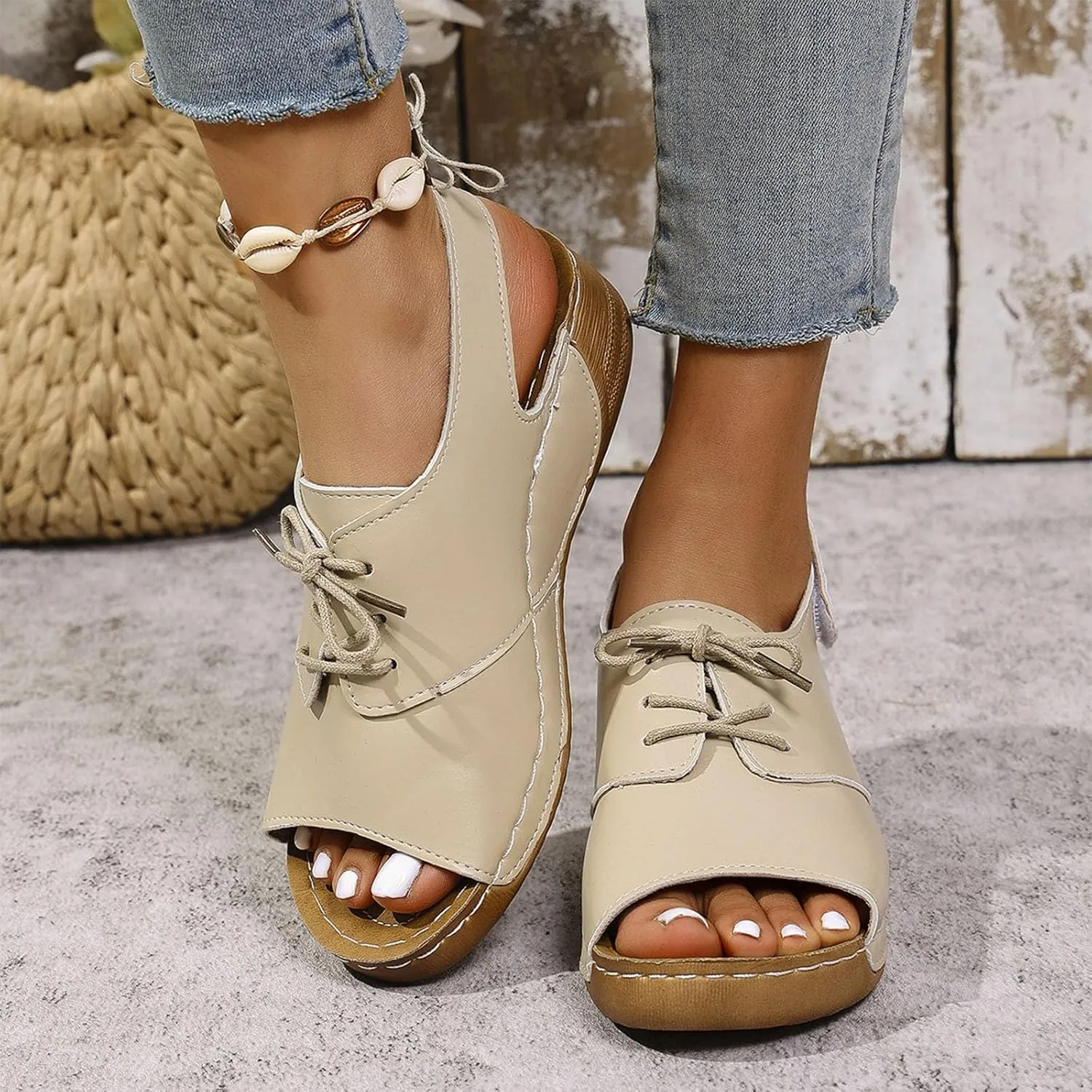 Womens Open Toe Lace Up Sneakers Arch Support Orthotic Walking Sandals Dressy Casual Summer Shoes Vintage Sandal New
