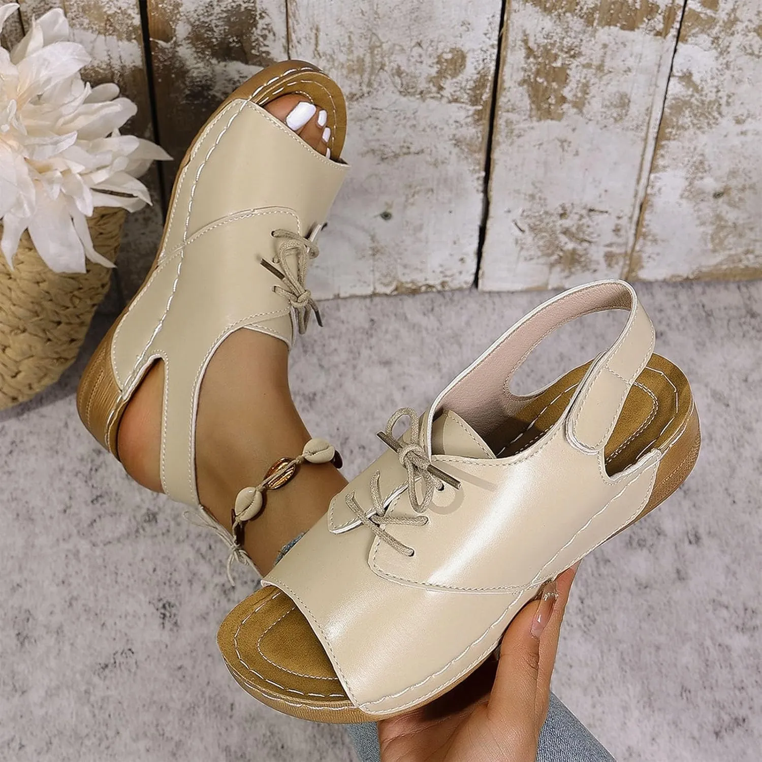 Womens Open Toe Lace Up Sneakers Arch Support Orthotic Walking Sandals Dressy Casual Summer Shoes Vintage Sandal New
