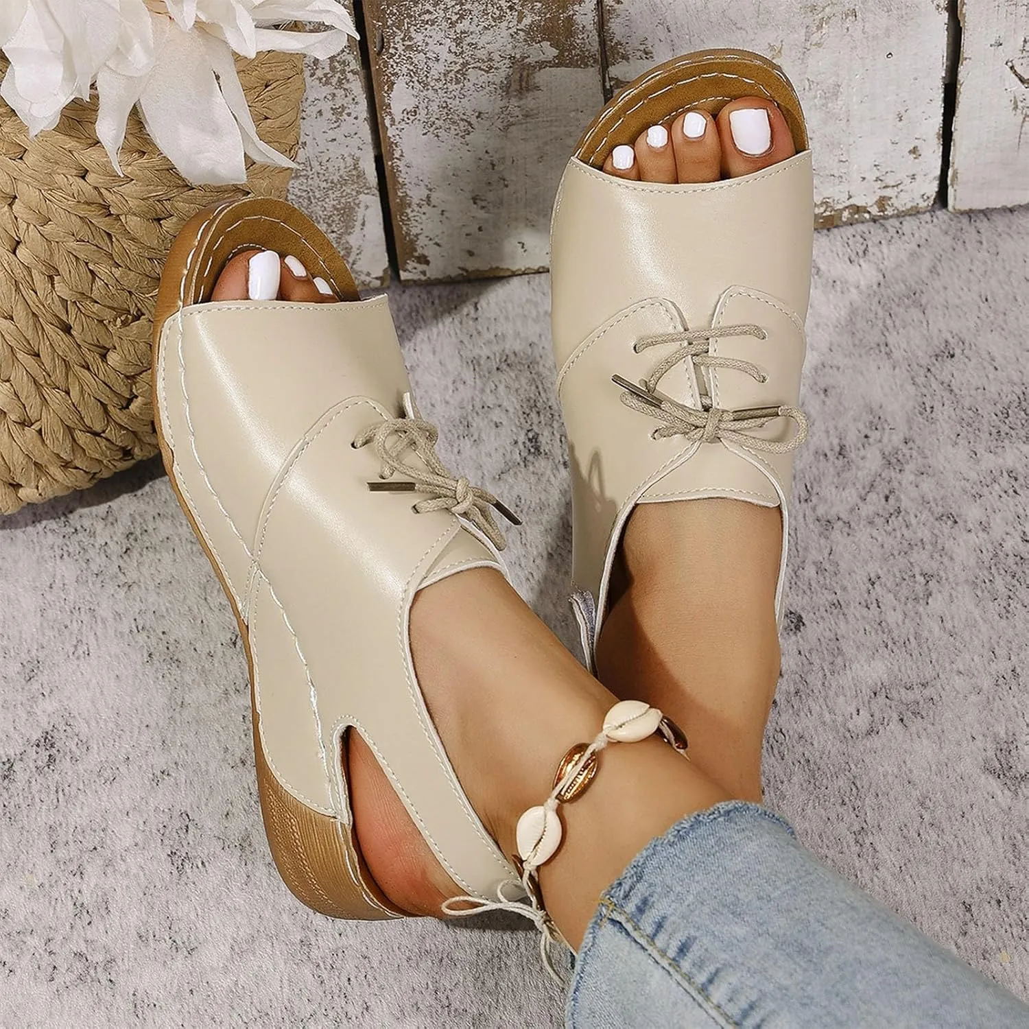 Womens Open Toe Lace Up Sneakers Arch Support Orthotic Walking Sandals Dressy Casual Summer Shoes Vintage Sandal New