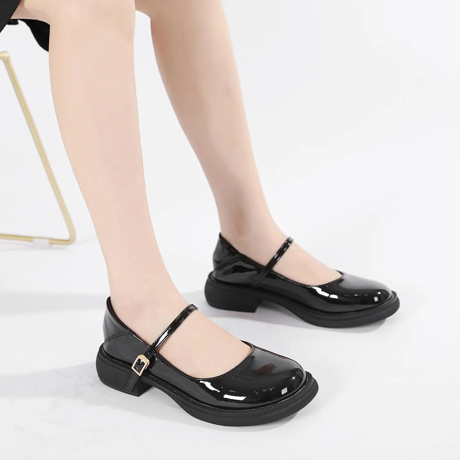 Women's Patent Leather Mary Janes Comfort Round Toe Adjustable Ankle Strap Anti-Slip Platform Low Heel Chunky Pumps Oxford Dress Shoes Suitable for School Uniform Busine