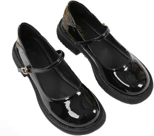 Women's Patent Leather Mary Janes Comfort Round Toe Adjustable Ankle Strap Anti-Slip Platform Low Heel Chunky Pumps Oxford Dress Shoes Suitable for School Uniform Busine