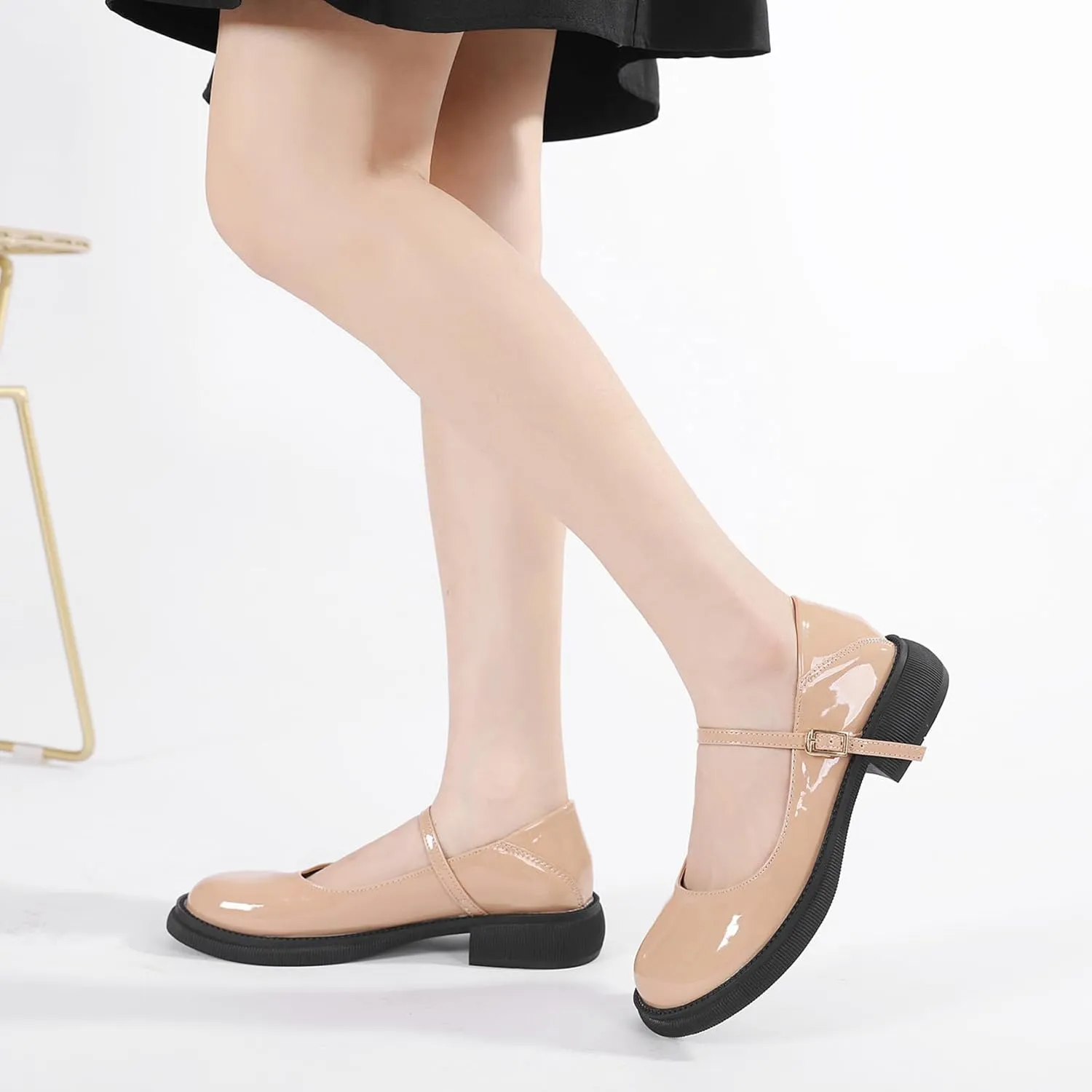 Women's Patent Leather Mary Janes Comfort Round Toe Adjustable Ankle Strap Anti-Slip Platform Low Heel Chunky Pumps Oxford Dress Shoes Suitable for School Uniform Busine
