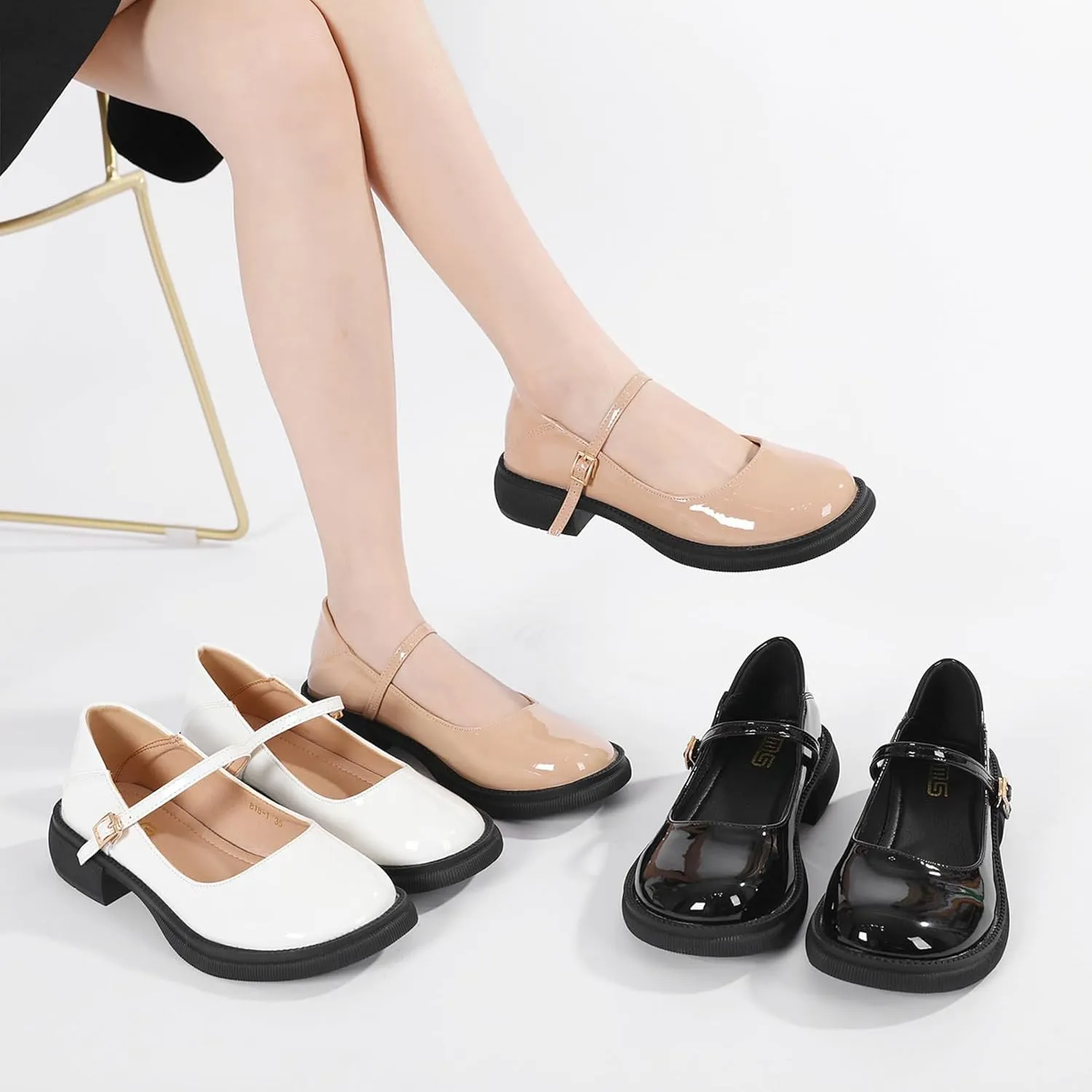 Women's Patent Leather Mary Janes Comfort Round Toe Adjustable Ankle Strap Anti-Slip Platform Low Heel Chunky Pumps Oxford Dress Shoes Suitable for School Uniform Busine