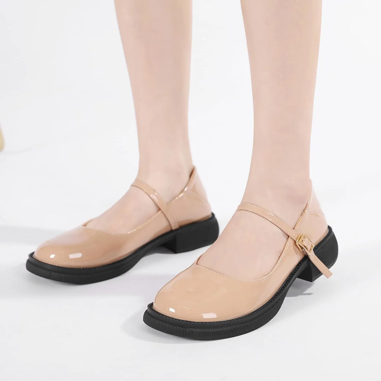 Women's Patent Leather Mary Janes Comfort Round Toe Adjustable Ankle Strap Anti-Slip Platform Low Heel Chunky Pumps Oxford Dress Shoes Suitable for School Uniform Busine
