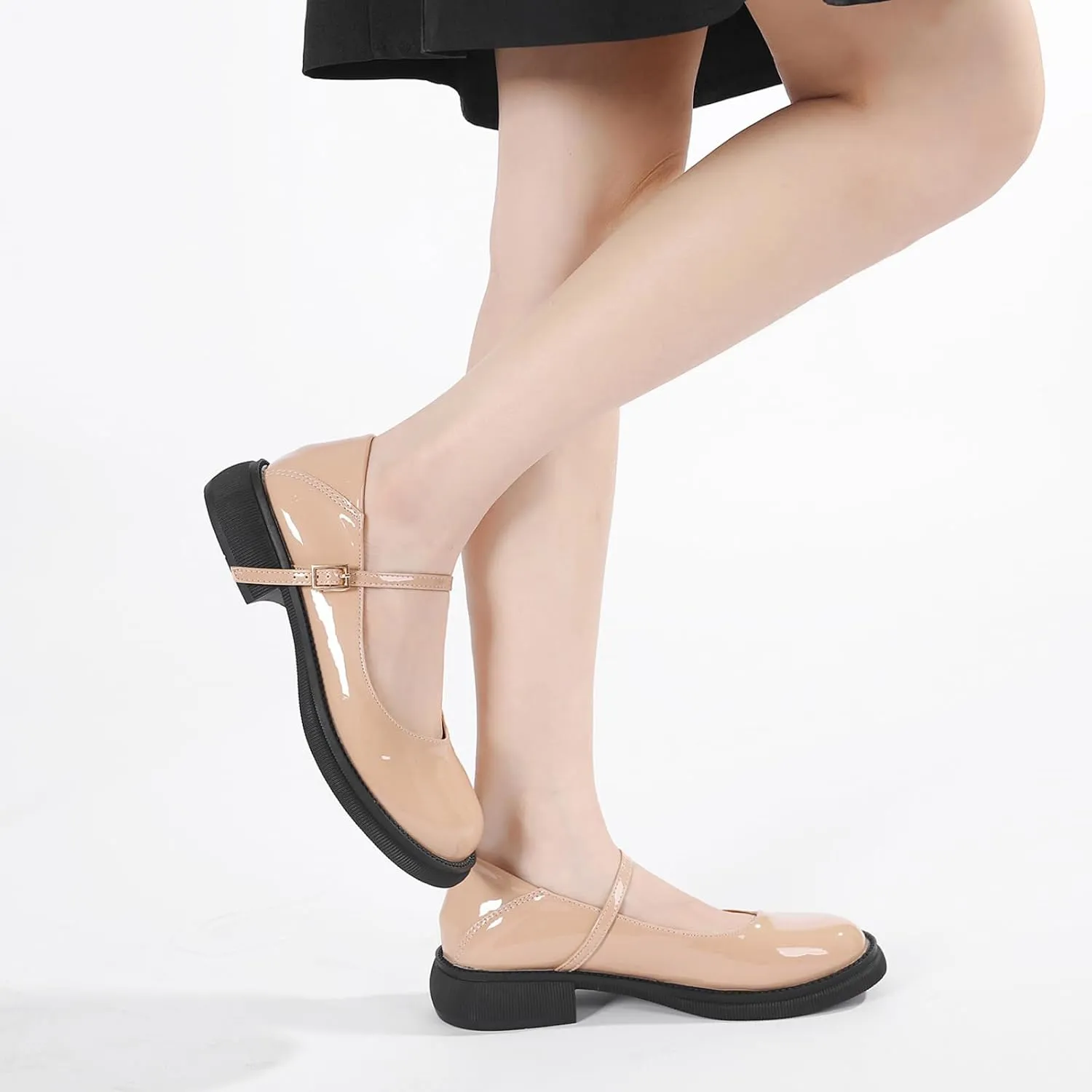 Women's Patent Leather Mary Janes Comfort Round Toe Adjustable Ankle Strap Anti-Slip Platform Low Heel Chunky Pumps Oxford Dress Shoes Suitable for School Uniform Busine