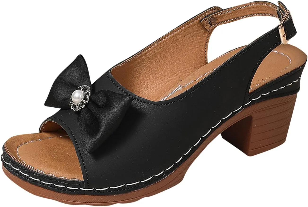 Womens Peep Toe Heels Chunky Heel Sandals Open Toe Bowknot Dress Shoes Trendy Comfy Ankle Buckles Wedding Party Sandal