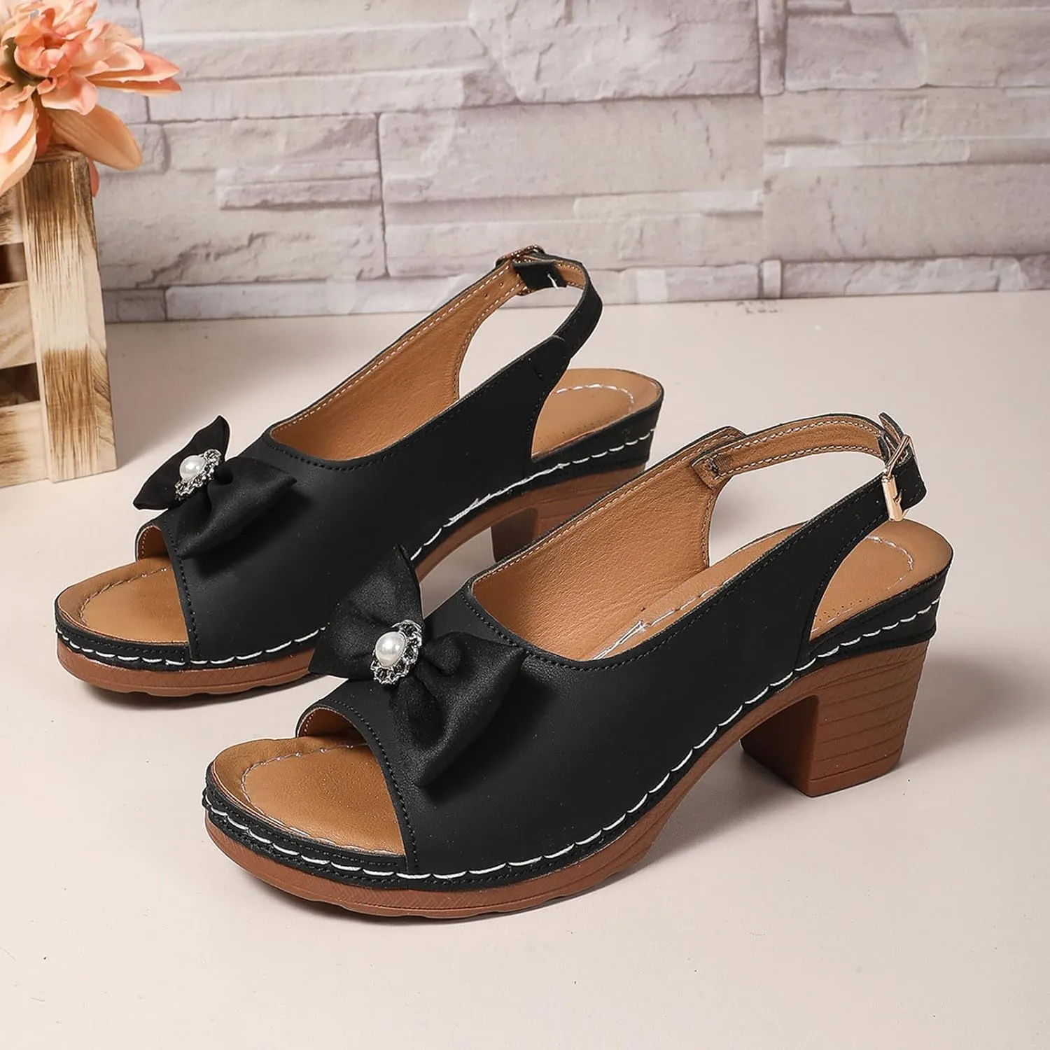 Womens Peep Toe Heels Chunky Heel Sandals Open Toe Bowknot Dress Shoes Trendy Comfy Ankle Buckles Wedding Party Sandal