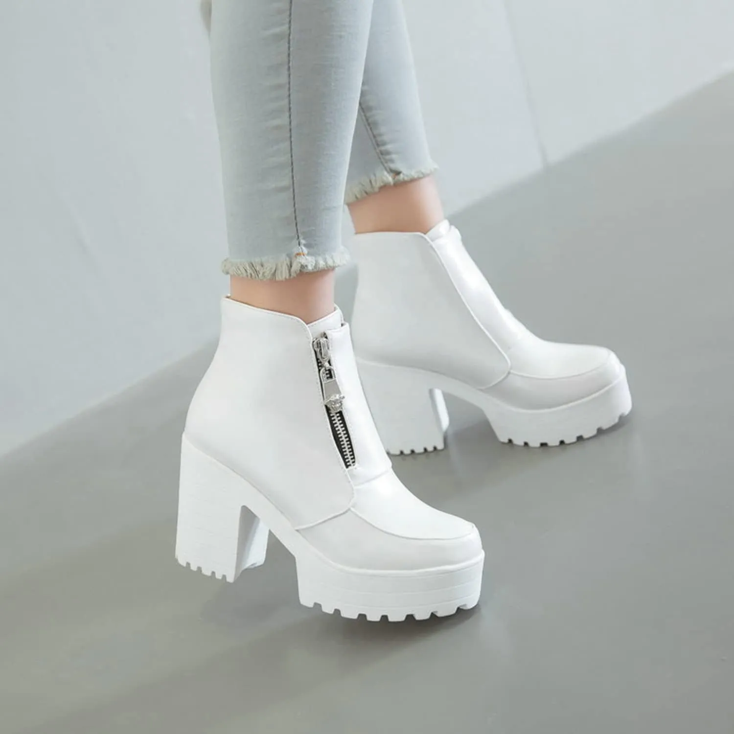Women's Side Zipper Ankle Boots Platform Chunky Heel Booties Round Toe Dress Booties Fashion Autumn Winter Shoes
