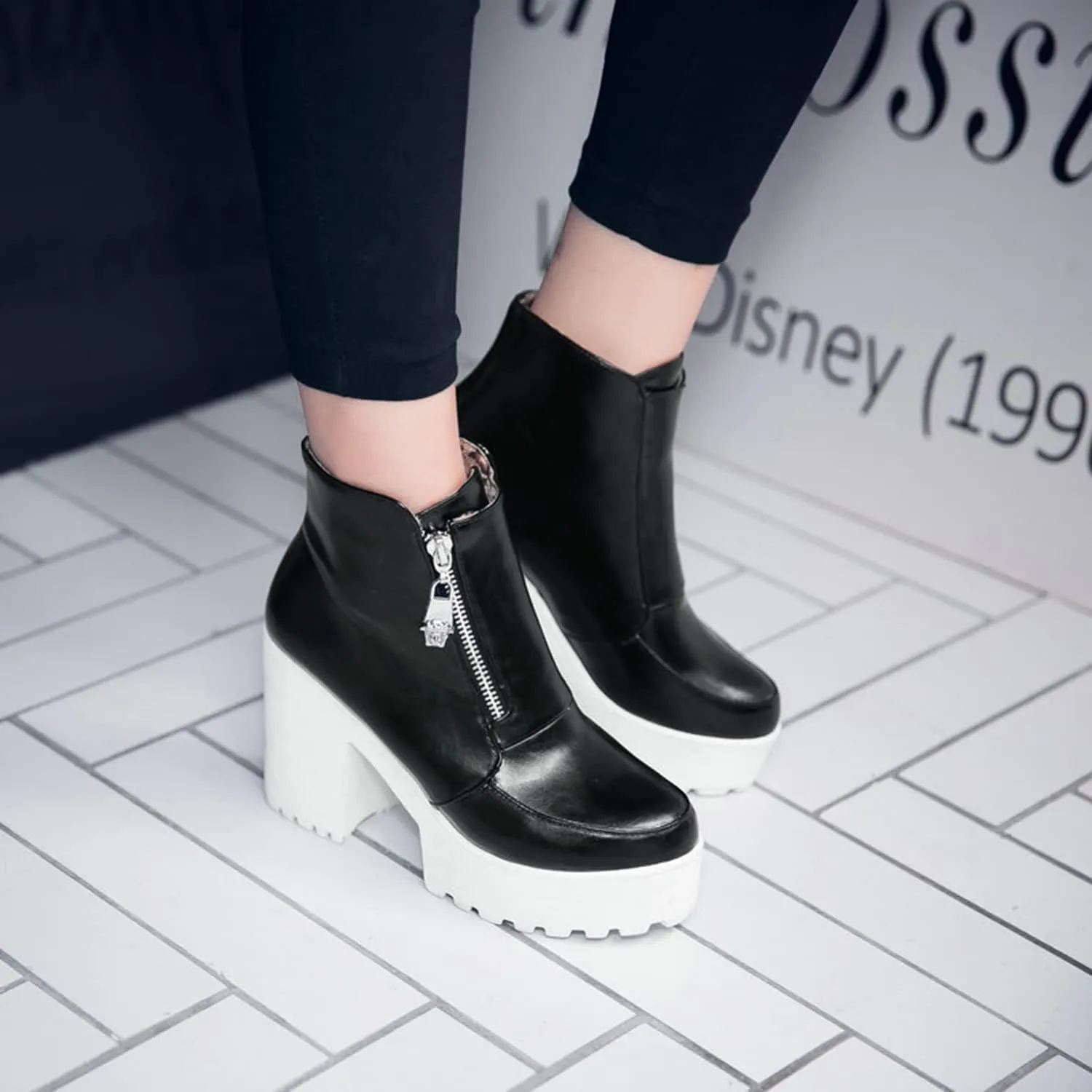 Women's Side Zipper Ankle Boots Platform Chunky Heel Booties Round Toe Dress Booties Fashion Autumn Winter Shoes
