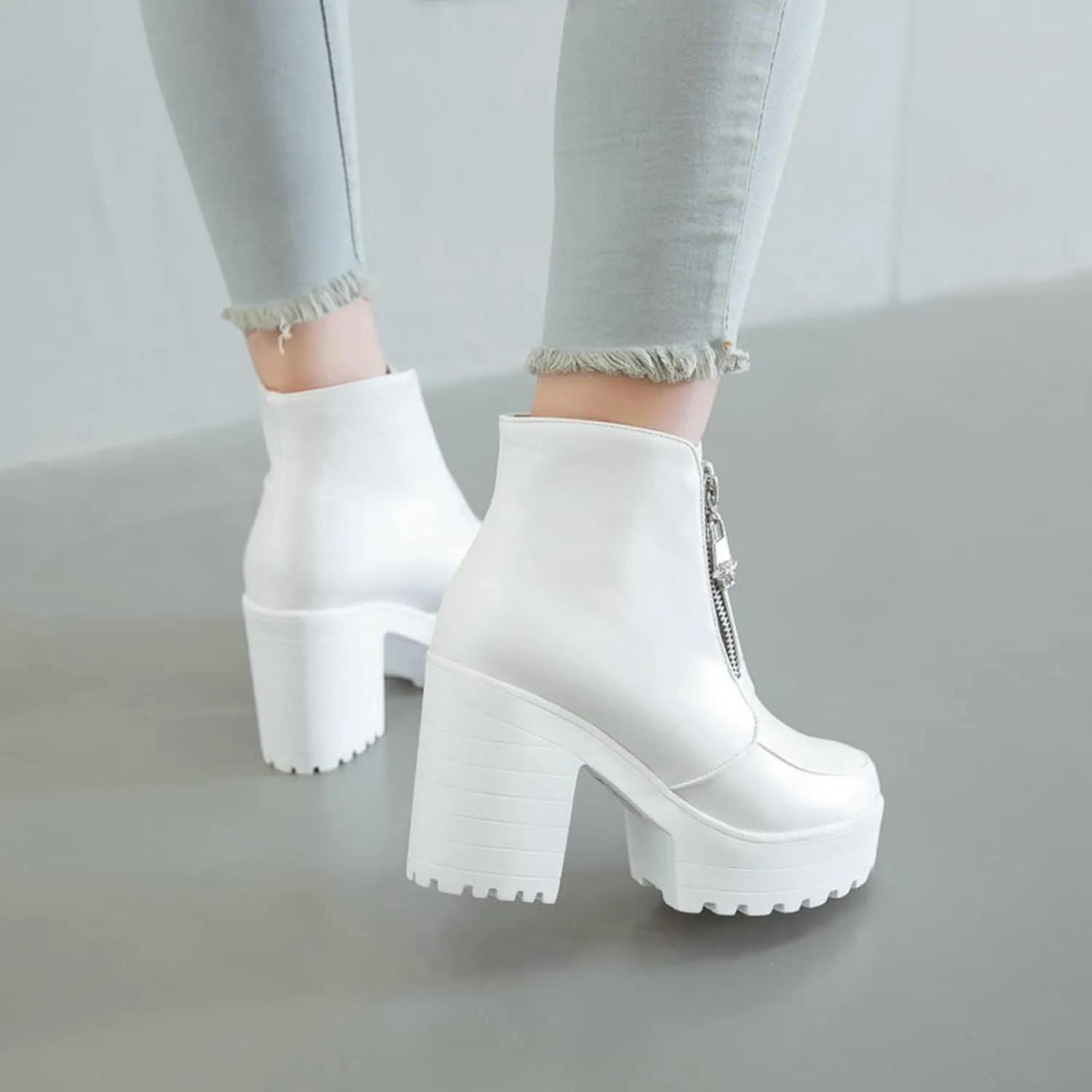 Women's Side Zipper Ankle Boots Platform Chunky Heel Booties Round Toe Dress Booties Fashion Autumn Winter Shoes