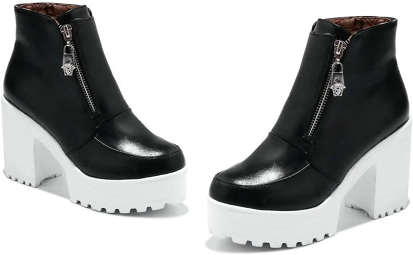 Women's Side Zipper Ankle Boots Platform Chunky Heel Booties Round Toe Dress Booties Fashion Autumn Winter Shoes