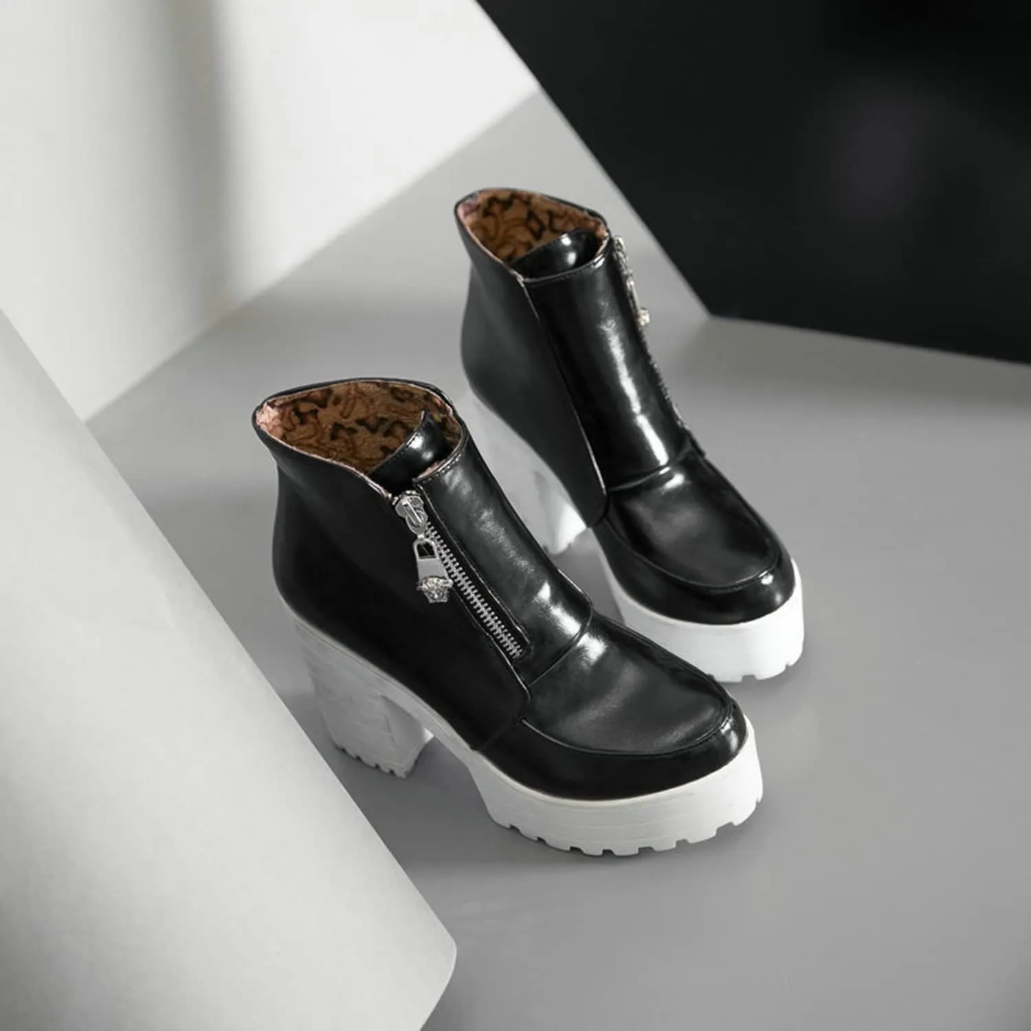 Women's Side Zipper Ankle Boots Platform Chunky Heel Booties Round Toe Dress Booties Fashion Autumn Winter Shoes