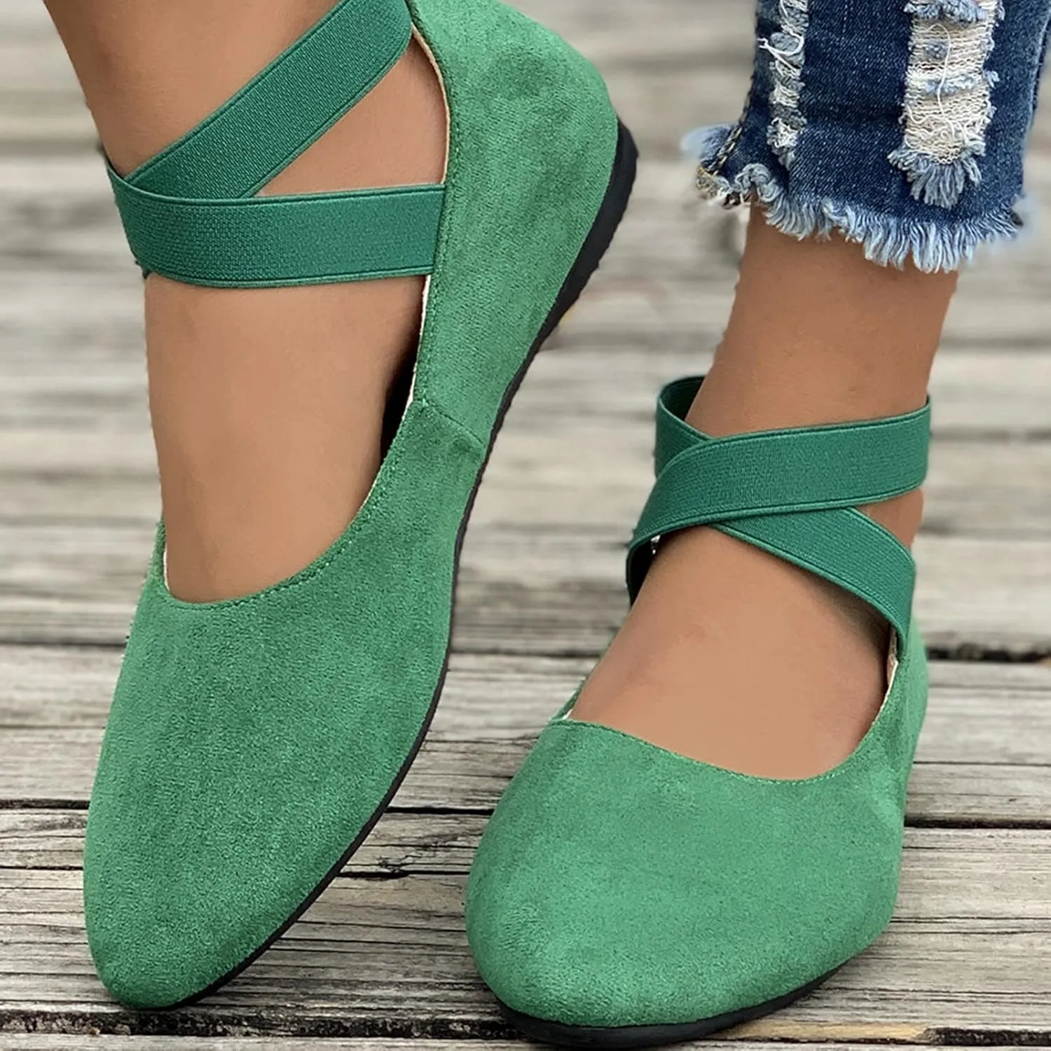 Women's Suede Ballet Shoes Large Size Shallow Mouth Elastic Strap Round Head Shoes Flat Heel Single Shoes Flat Shoes, 4