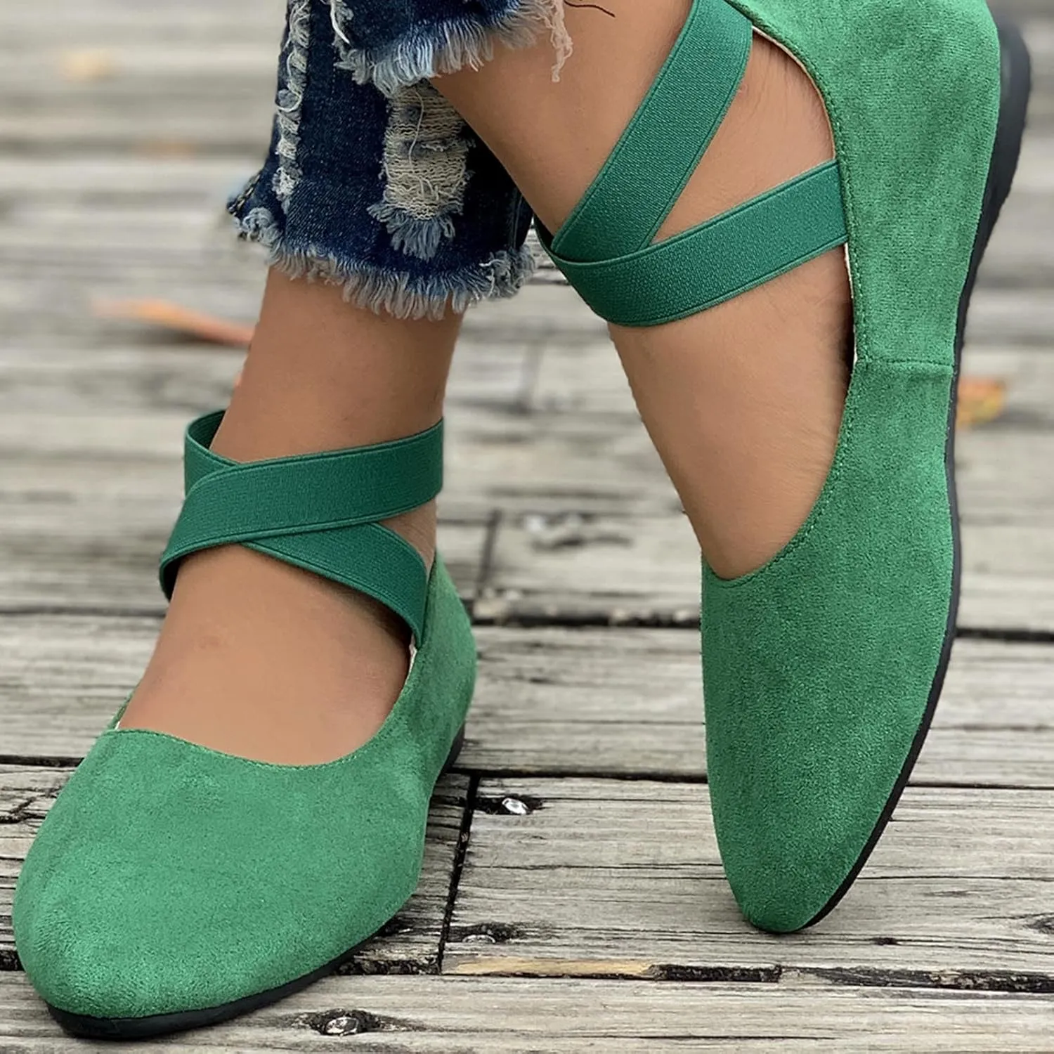 Women's Suede Ballet Shoes Large Size Shallow Mouth Elastic Strap Round Head Shoes Flat Heel Single Shoes Flat Shoes, 4