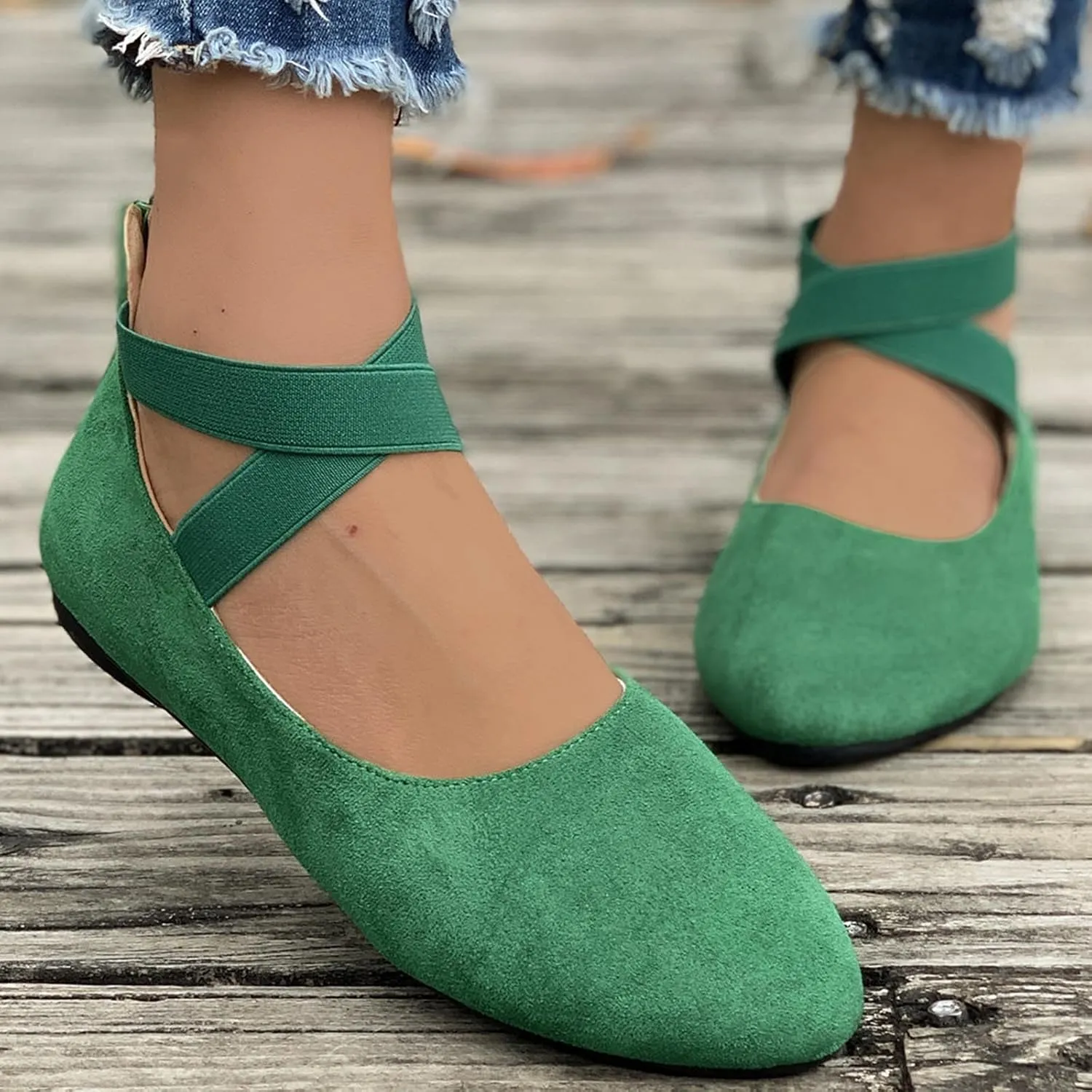 Women's Suede Ballet Shoes Large Size Shallow Mouth Elastic Strap Round Head Shoes Flat Heel Single Shoes Flat Shoes, 4