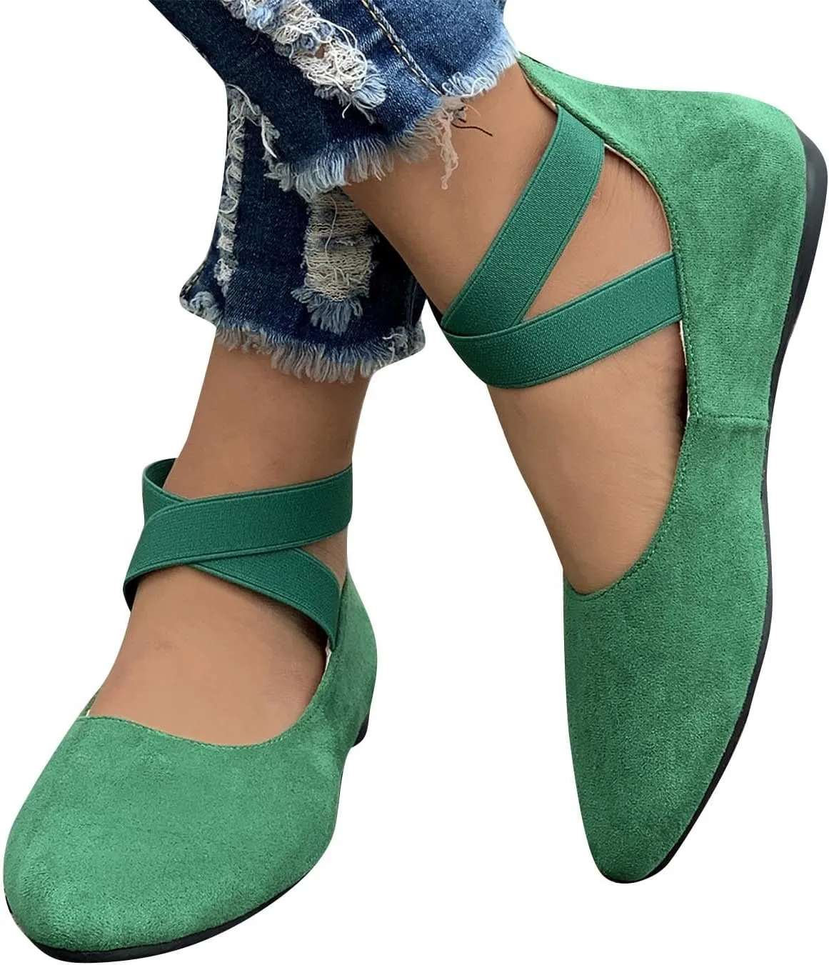 Women's Suede Ballet Shoes Large Size Shallow Mouth Elastic Strap Round Head Shoes Flat Heel Single Shoes Flat Shoes, 4