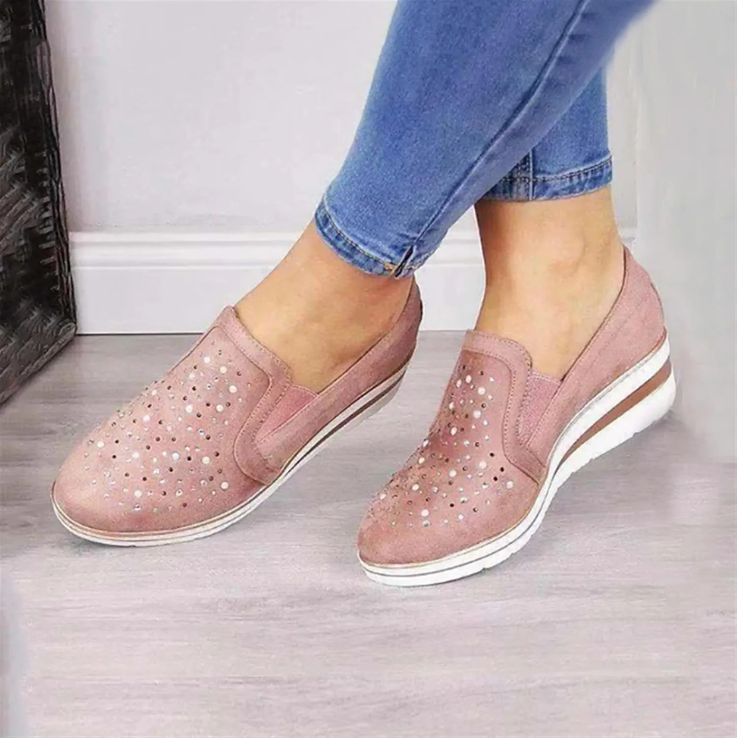Women's Wedges Canvas Suede Shoes Rhinestones Platforms Round Toe Slip On Loafers Casual Low-top Lightweight Breathable Orthotic Loafers Running Walking Sneakers