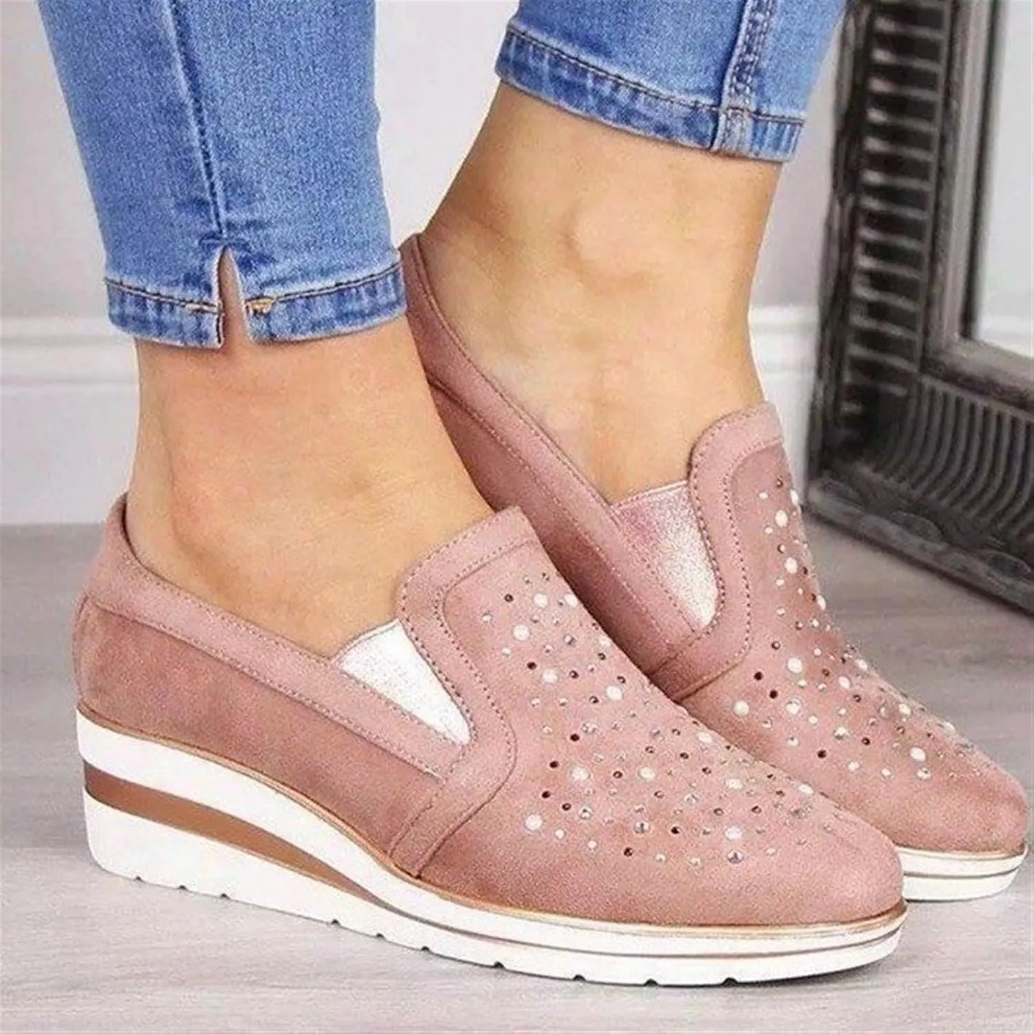 Women's Wedges Canvas Suede Shoes Rhinestones Platforms Round Toe Slip On Loafers Casual Low-top Lightweight Breathable Orthotic Loafers Running Walking Sneakers