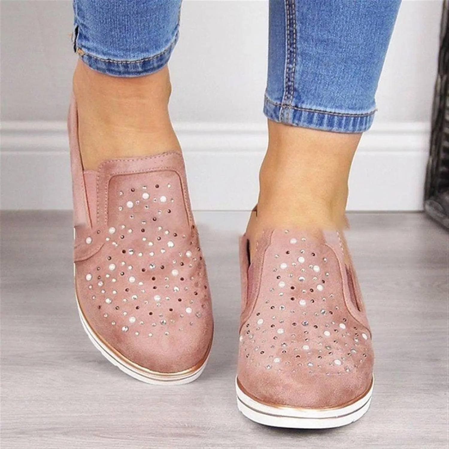 Women's Wedges Canvas Suede Shoes Rhinestones Platforms Round Toe Slip On Loafers Casual Low-top Lightweight Breathable Orthotic Loafers Running Walking Sneakers