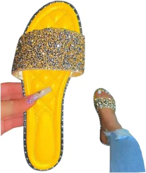 ZBYY Women's Flat Sandals Summer Dressy Beach Slip on Sandals Casual Open Toe Rhinestone Glitter Bling Slide Slippers