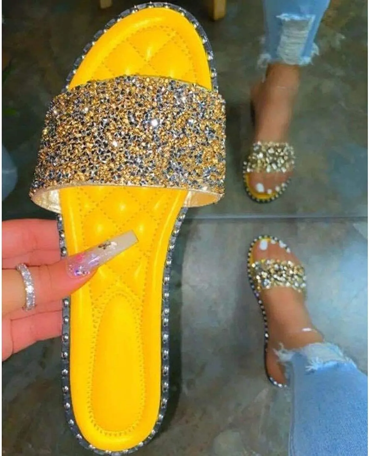 ZBYY Women's Flat Sandals Summer Dressy Beach Slip on Sandals Casual Open Toe Rhinestone Glitter Bling Slide Slippers